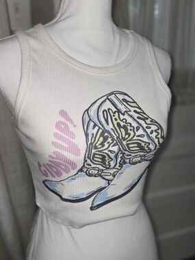 Princess Polly White Ribbed Tank with Pastel Cowboy Boot Graphic